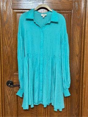 Palms Away Size M Aqua Button-Front Long Sleeve Babydoll Tunic Dress